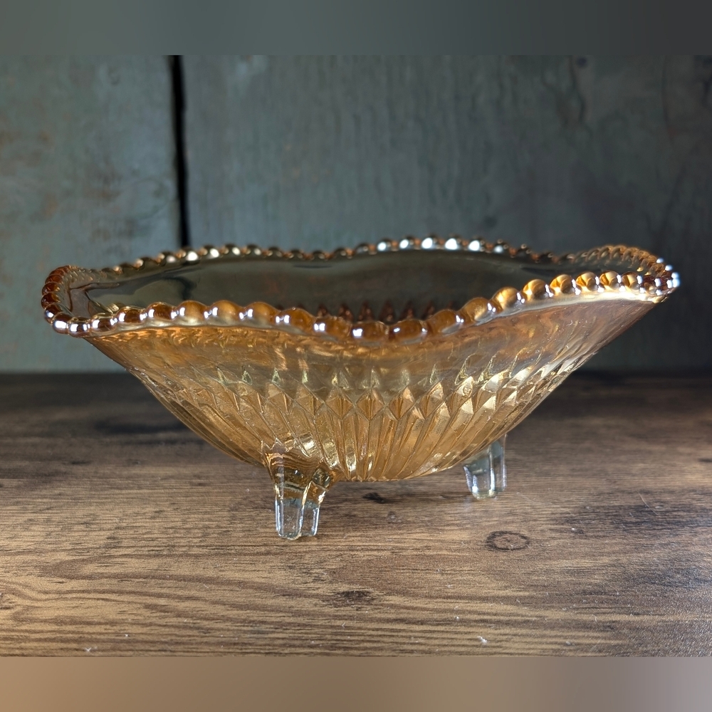 Jeanette Amber Carnival Glass Footed Bowl Vtg
